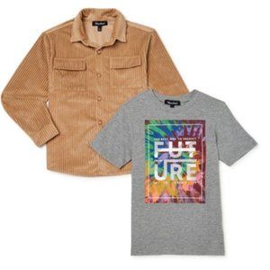 2 in 1 corduroy shirt jacket & short sleeve graphic t-shirt, boy 14-16
